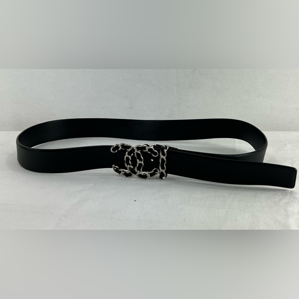 CHANEL Black Leather Belt with Silver Logo Buckle